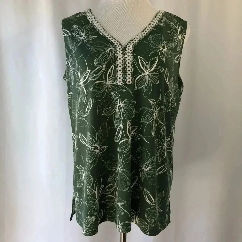 Chaus Floral Sleeveless Top Women Size M Green Desert Cactus V-Neck Crochet Trim